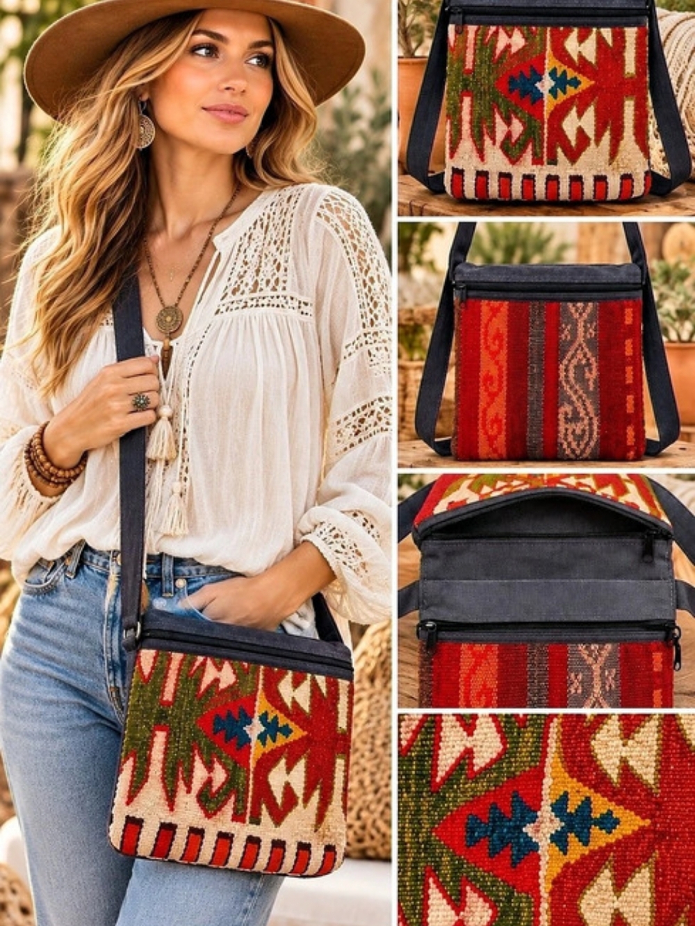 Boho Woven Tapestry Geometric Crossbody Bag Red & Grey
